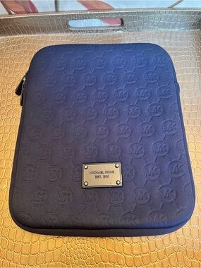 Michael Kors Navy Embossed MK Tablet/Laptop Pouch with Logo Plaque